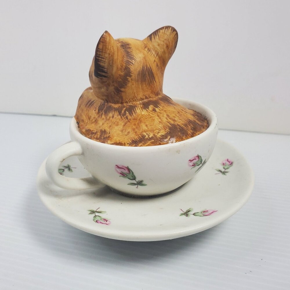VTG Music Box Cat Figurine In Teacup With Saucer Hand-Painted Ceramic Floral Des - Picture 13 of 16